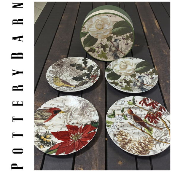NEW Vintage Y2K Pottery Barn Christmas Songbird Floral Set 4 8.25